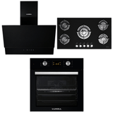 Luxell Built-In Kitchen Appliances Luxell 90cm Black Glass 3-Piece Built-In Kitchen Set with 5-Burner Hob, 650m³/h Hood & 57L Digital Turbo Oven - LXSET-90-60D