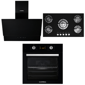 Luxell Built-In Kitchen Appliances Luxell 90cm Black Glass 3-Piece Built-In Kitchen Set with 5-Burner Hob, 650m³/h Hood & 57L Digital Turbo Oven - LXSET-90-60D
