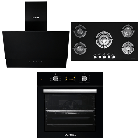 Luxell Built-In Kitchen Appliances Luxell 90cm Black Glass 3-Piece Built-In Kitchen Set with 5-Burner Hob, 650m³/h Hood & 57L Digital Turbo Oven - LXSET-90-60D
