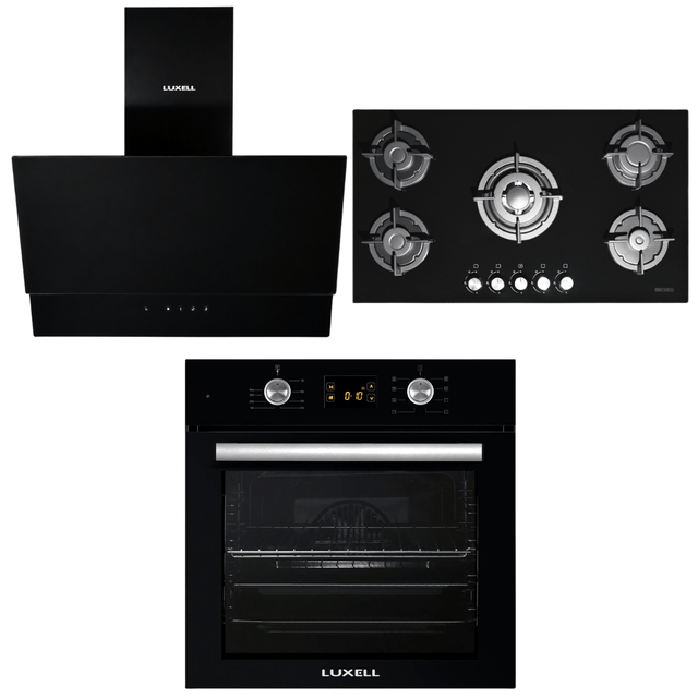 Luxell Built-In Kitchen Appliances Luxell 90cm Black Glass 3-Piece Built-In Kitchen Set with 5-Burner Hob, 650m³/h Hood & 57L Digital Turbo Oven - LXSET-90-60D