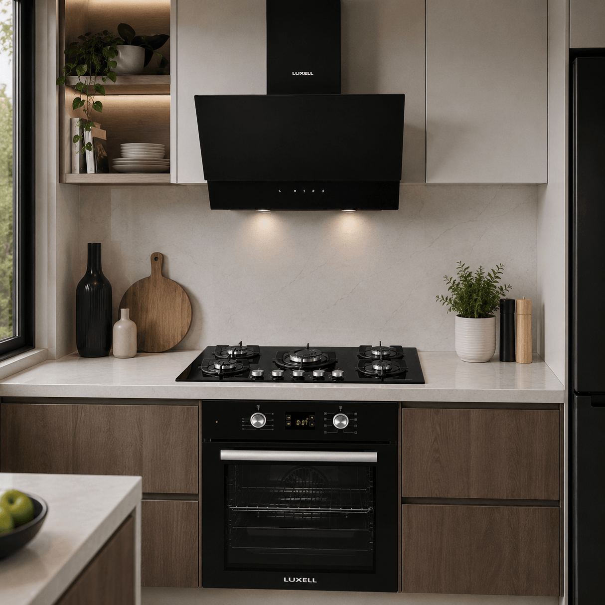 Luxell Built-In Kitchen Appliances Luxell 90cm Black Glass 3-Piece Built-In Kitchen Set with 5-Burner Hob, 650m³/h Hood & 57L Digital Turbo Oven - LXSET-90-60D