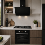 Luxell Built-In Kitchen Appliances Luxell 90cm Black Glass 3-Piece Built-In Kitchen Set with 5-Burner Hob, 650m³/h Hood & 57L Digital Turbo Oven - LXSET-90-60D