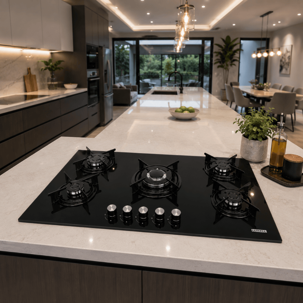 Luxell Built-In Kitchen Appliances Luxell 90cm Black Glass 3-Piece Built-In Kitchen Set with 5-Burner Hob, 650m³/h Hood & 60cm Convection Oven - LXSET-90-60M