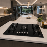 Luxell Built-In Kitchen Appliances Luxell 90cm Black Glass 3-Piece Built-In Kitchen Set with 5-Burner Hob, 650m³/h Hood & 60cm Convection Oven - LXSET-90-60M