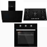 Luxell Built-In Kitchen Appliances Luxell 90cm Black Glass 3-Piece Built-In Kitchen Set with 5-Burner Hob, 650m³/h Hood & 60cm Convection Oven - LXSET-90-60M