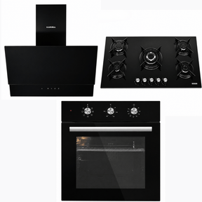 Luxell Built-In Kitchen Appliances Luxell 90cm Black Glass 3-Piece Built-In Kitchen Set with 5-Burner Hob, 650m³/h Hood & 60cm Convection Oven - LXSET-90-60M