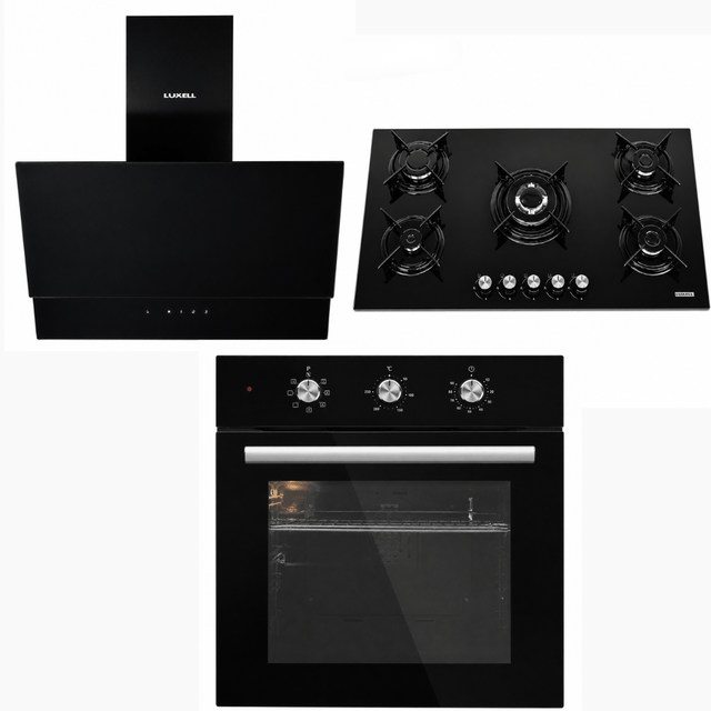 Luxell Built-In Kitchen Appliances Luxell 90cm Black Glass 3-Piece Built-In Kitchen Set with 5-Burner Hob, 650m³/h Hood & 60cm Convection Oven - LXSET-90-60M