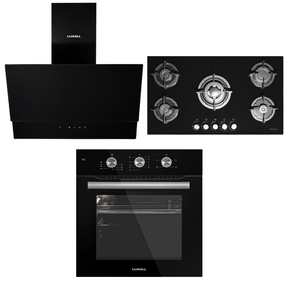 Luxell Built-In Kitchen Appliances Luxell 90cm Black Glass 3-Piece Built-In Kitchen Set with 5-Burner Hob, 650m³/h Hood & 60cm Convection Oven - LXSET-90-60M
