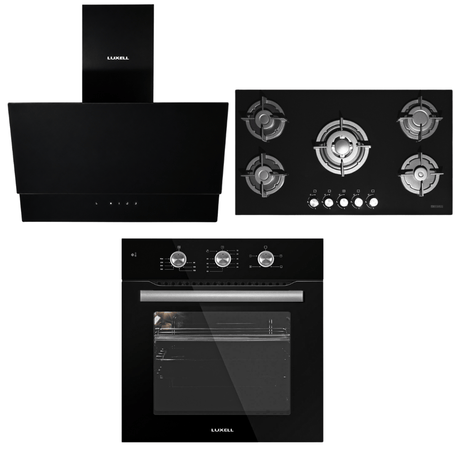 Luxell Built-In Kitchen Appliances Luxell 90cm Black Glass 3-Piece Built-In Kitchen Set with 5-Burner Hob, 650m³/h Hood & 60cm Convection Oven - LXSET-90-60M