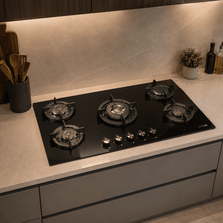 Luxell Built-In Kitchen Appliances Luxell 90cm Black Glass 3-Piece Built-In Kitchen Set with 5-Burner Hob, 650m³/h Hood & 60cm Convection Oven - LXSET-90-60M