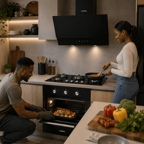 Luxell Built-In Kitchen Appliances Luxell 90cm Black Glass 3-Piece Built-In Kitchen Set with 5-Burner Hob, 650m³/h Hood & 60cm Convection Oven - LXSET-90-60M