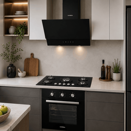 Luxell Built-In Kitchen Appliances Luxell 90cm Black Glass 3-Piece Built-In Kitchen Set with 5-Burner Hob, 650m³/h Hood & 60cm Convection Oven - LXSET-90-60M