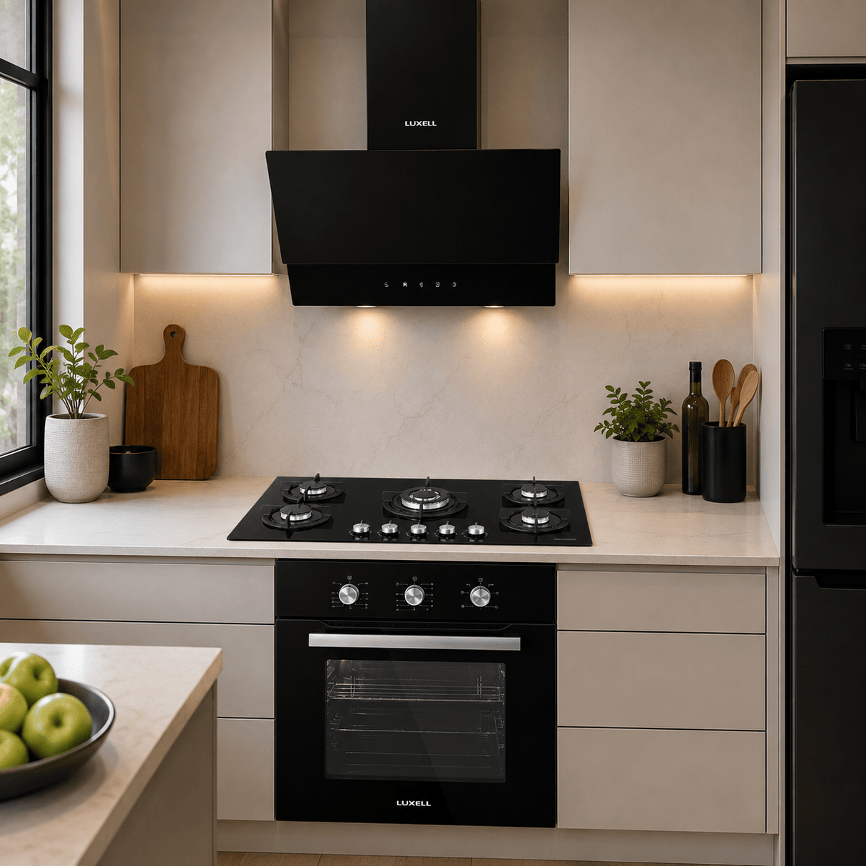 Luxell Built-In Kitchen Appliances Luxell 90cm Black Glass 3-Piece Built-In Kitchen Set with 5-Burner Hob, 650m³/h Hood & 60cm Convection Oven - LXSET-90-60M