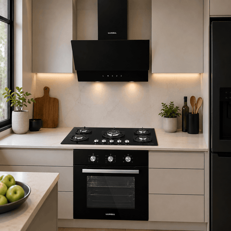 Luxell Built-In Kitchen Appliances Luxell 90cm Black Glass 3-Piece Built-In Kitchen Set with 5-Burner Hob, 650m³/h Hood & 60cm Convection Oven - LXSET-90-60M
