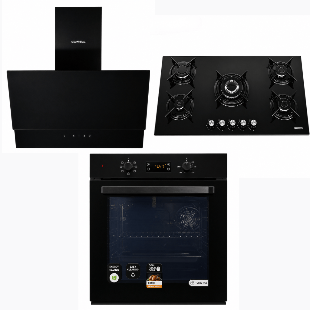 Luxell Luxell 90cm Black Glass 3-Piece Built-In Kitchen Set with 5-Burner Hob, 650m³/h Hood & 88L Digital Turbo Oven - LXSET-90-88D