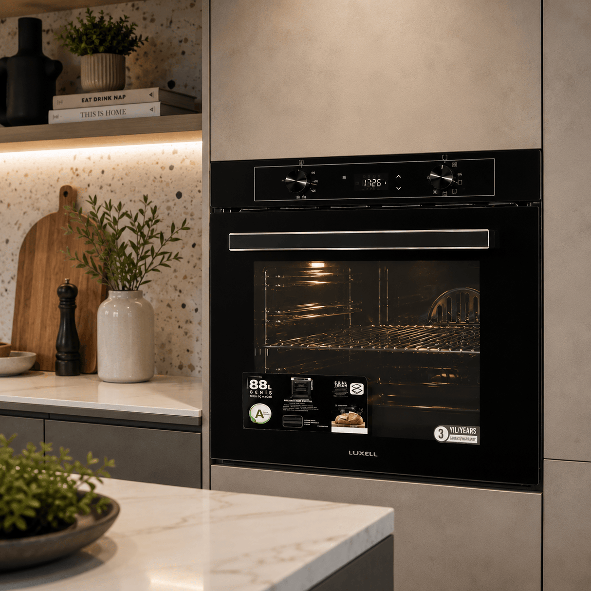 Luxell Built-In Kitchen Appliances Luxell 90cm Black Glass 3-Piece Built-In Kitchen Set with 5-Burner Hob, 650m³/h Hood & 88L Digital Turbo Oven - LXSET-90-88D