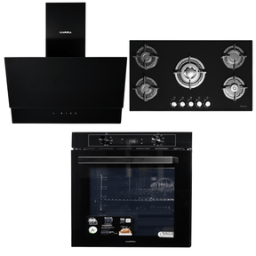 Luxell Built-In Kitchen Appliances Luxell 90cm Black Glass 3-Piece Built-In Kitchen Set with 5-Burner Hob, 650m³/h Hood & 88L Digital Turbo Oven - LXSET-90-88D