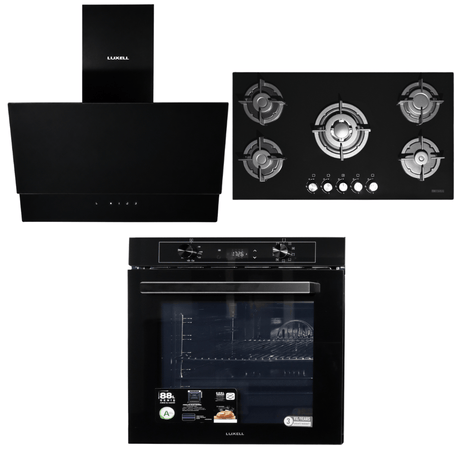 Luxell Built-In Kitchen Appliances Luxell 90cm Black Glass 3-Piece Built-In Kitchen Set with 5-Burner Hob, 650m³/h Hood & 88L Digital Turbo Oven - LXSET-90-88D