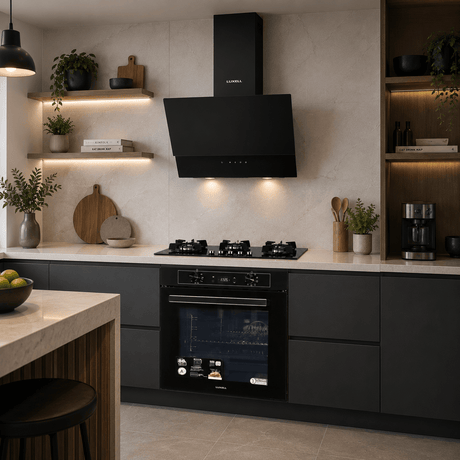 Luxell Built-In Kitchen Appliances Luxell 90cm Black Glass 3-Piece Built-In Kitchen Set with 5-Burner Hob, 650m³/h Hood & 88L Digital Turbo Oven - LXSET-90-88D