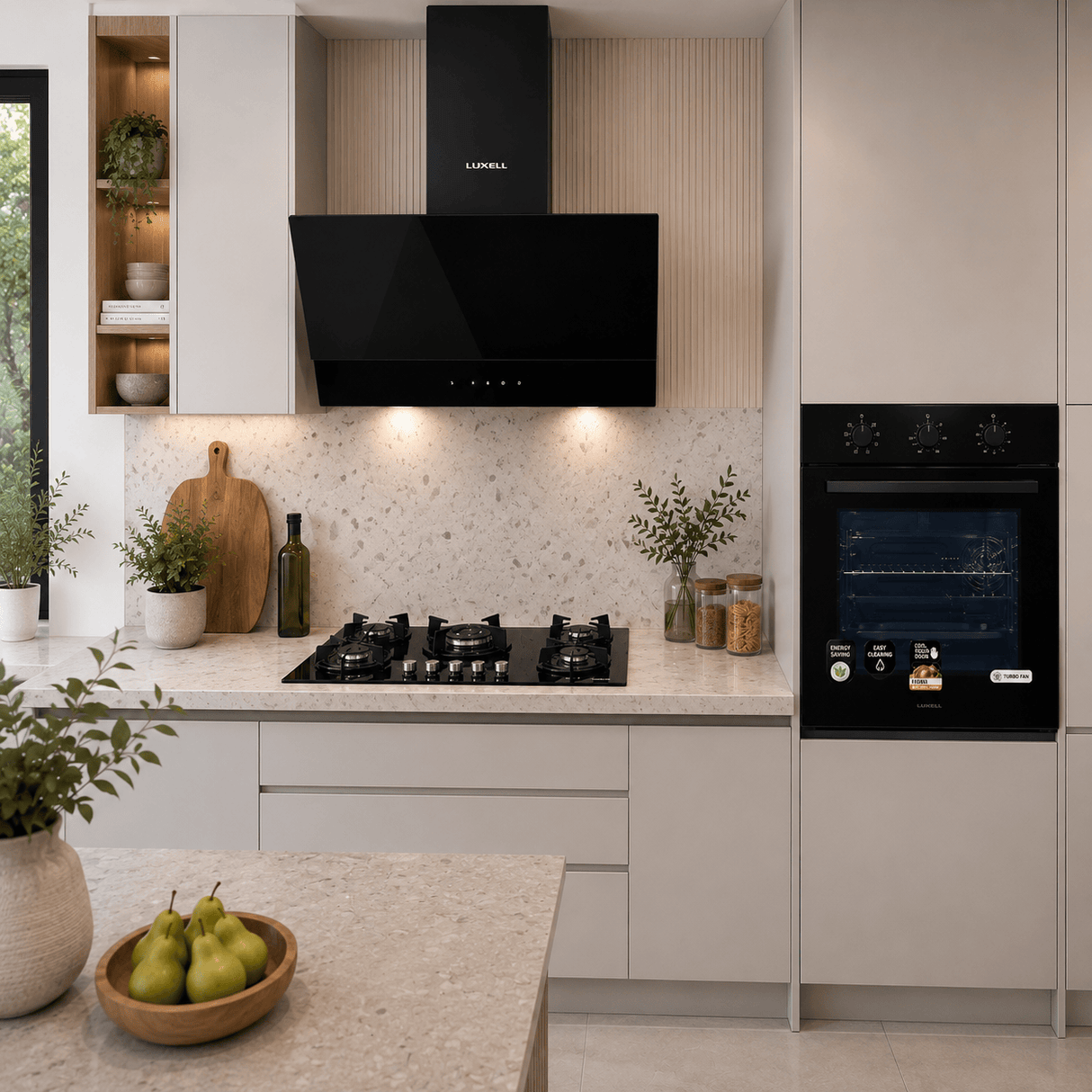 Luxell Built-In Kitchen Appliances Luxell 90cm Black Glass 3-Piece Built-In Kitchen Set with 5-Burner Hob, 650m³/h Hood & 88L Turbo Oven - LXSET-90-88M