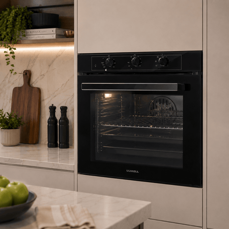 Luxell Built-In Kitchen Appliances Luxell 90cm Black Glass 3-Piece Built-In Kitchen Set with 5-Burner Hob, 650m³/h Hood & 88L Turbo Oven - LXSET-90-88M