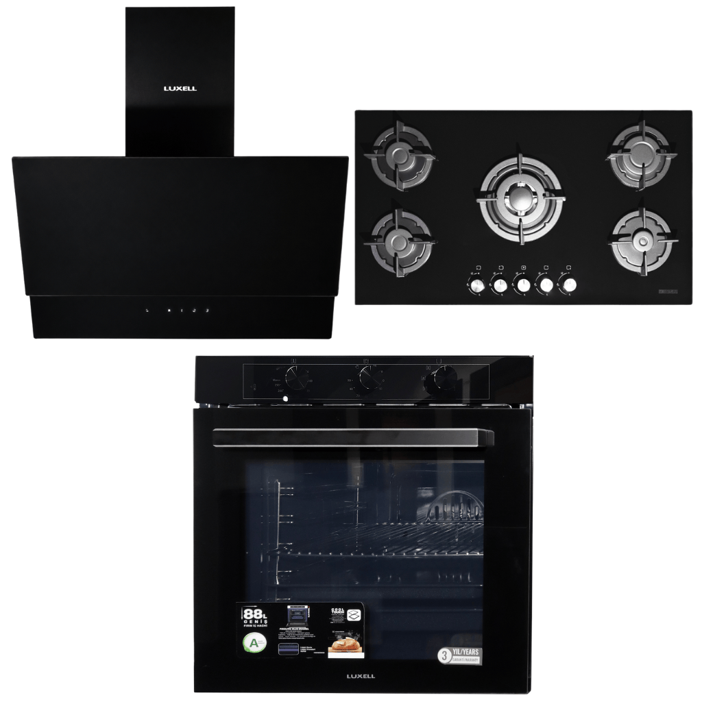 Luxell Built-In Kitchen Appliances Luxell 90cm Black Glass 3-Piece Built-In Kitchen Set with 5-Burner Hob, 650m³/h Hood & 88L Turbo Oven - LXSET-90-88M