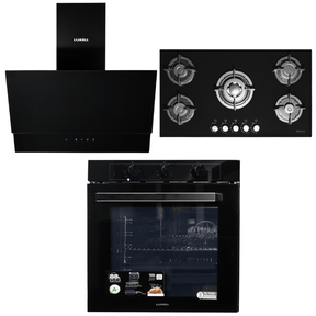 Luxell Built-In Kitchen Appliances Luxell 90cm Black Glass 3-Piece Built-In Kitchen Set with 5-Burner Hob, 650m³/h Hood & 88L Turbo Oven - LXSET-90-88M