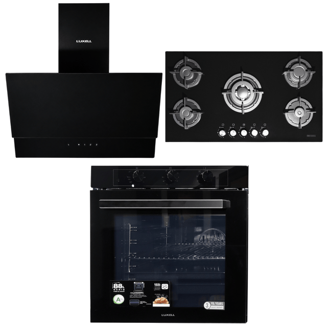 Luxell Built-In Kitchen Appliances Luxell 90cm Black Glass 3-Piece Built-In Kitchen Set with 5-Burner Hob, 650m³/h Hood & 88L Turbo Oven - LXSET-90-88M