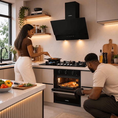 Luxell Built-In Kitchen Appliances Luxell 90cm Black Glass 3-Piece Built-In Kitchen Set with 5-Burner Hob, 650m³/h Hood & 88L Turbo Oven - LXSET-90-88M
