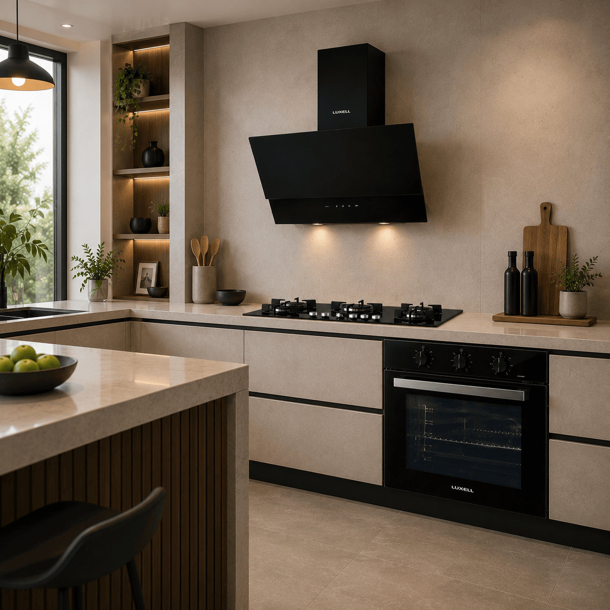 Luxell Built-In Kitchen Appliances Luxell 90cm Black Glass 3-Piece Built-In Kitchen Set with 5-Burner Hob, 650m³/h Hood & 88L Turbo Oven - LXSET-90-88M