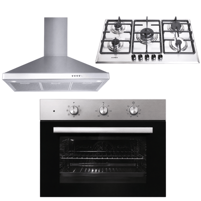Luxell Built-In Kitchen Appliances Luxell 90cm Stainless Steel 3-Piece Built-In Kitchen Set with 105L Double-Fan Oven & 5- or 6-Burner Hob - LXSET-90-SS