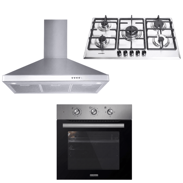 Luxell Built-In Kitchen Appliances Luxell 90cm Stainless Steel 3-Piece Built-In Kitchen Set with 105L Double-Fan Oven & 5- or 6-Burner Hob - LXSET-90-SS