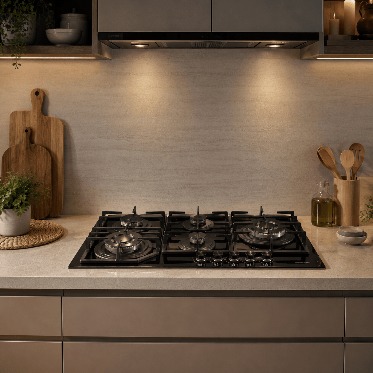Luxell Built-In Hobs Luxell Hex 90cm 5-Burner Black Glass Gas Hob with Cast Iron Supports - C9-50WF