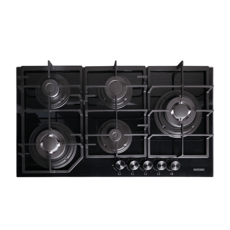 Luxell Built-In Hobs Luxell Hex 90cm 5-Burner Black Glass Gas Hob with Cast Iron Supports - C9-50WF