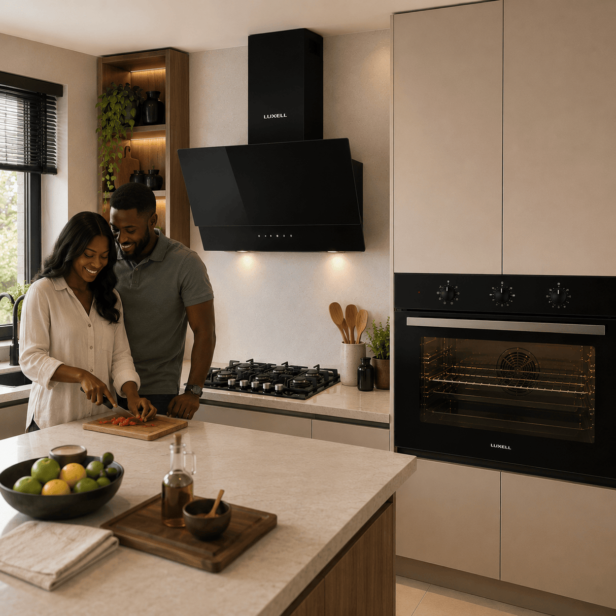 Luxell Built-In Kitchen Appliances Luxell Hex 90cm Black Glass 3-Piece Built-In Kitchen Set with 5-Burner Wok Hob, 650m³/h Hood & 105L Double-Fan Oven - LXSET-HX90-90M