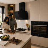 Luxell Built-In Kitchen Appliances Luxell Hex 90cm Black Glass 3-Piece Built-In Kitchen Set with 5-Burner Wok Hob, 650m³/h Hood & 105L Double-Fan Oven - LXSET-HX90-90M