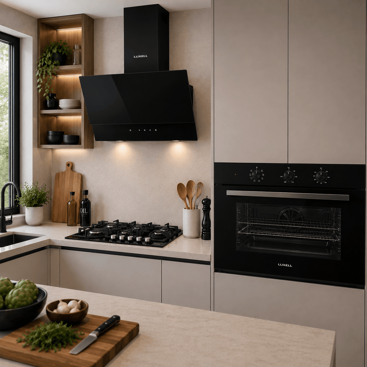 Luxell Built-In Kitchen Appliances Luxell Hex 90cm Black Glass 3-Piece Built-In Kitchen Set with 5-Burner Wok Hob, 650m³/h Hood & 105L Double-Fan Oven - LXSET-HX90-90M