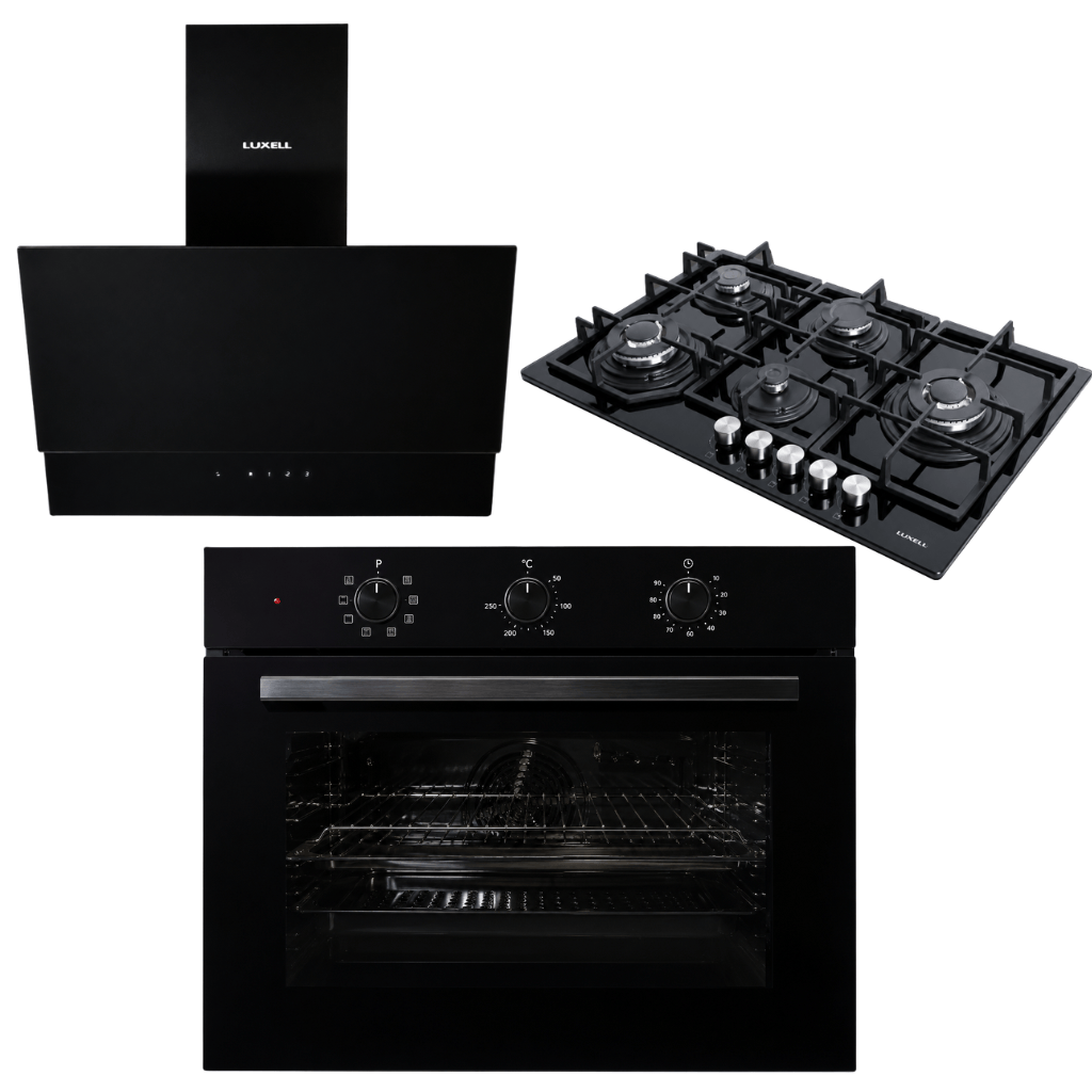 Luxell Built-In Kitchen Appliances Luxell Hex 90cm Black Glass 3-Piece Built-In Kitchen Set with 5-Burner Wok Hob, 650m³/h Hood & 105L Double-Fan Oven - LXSET-HX90-90M