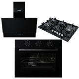Luxell Built-In Kitchen Appliances Luxell Hex 90cm Black Glass 3-Piece Built-In Kitchen Set with 5-Burner Wok Hob, 650m³/h Hood & 105L Double-Fan Oven - LXSET-HX90-90M