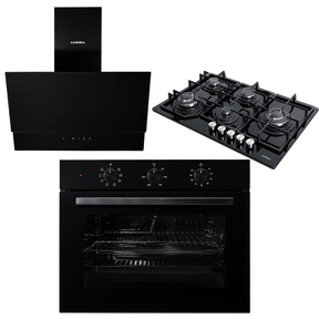 Luxell Built-In Kitchen Appliances Luxell Hex 90cm Black Glass 3-Piece Built-In Kitchen Set with 5-Burner Wok Hob, 650m³/h Hood & 105L Double-Fan Oven - LXSET-HX90-90M