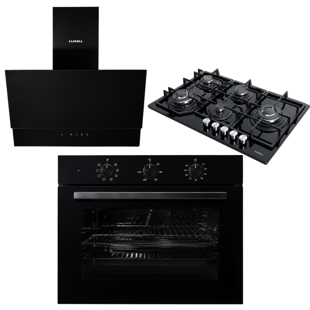 Luxell Built-In Kitchen Appliances Luxell Hex 90cm Black Glass 3-Piece Built-In Kitchen Set with 5-Burner Wok Hob, 650m³/h Hood & 105L Double-Fan Oven - LXSET-HX90-90M