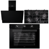 Luxell Built-In Kitchen Appliances Luxell Hex 90cm Black Glass 3-Piece Built-In Kitchen Set with 5-Burner Wok Hob, 650m³/h Hood & 105L Double-Fan Oven - LXSET-HX90-90M