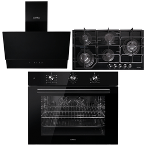 Luxell Built-In Kitchen Appliances Luxell Hex 90cm Black Glass 3-Piece Built-In Kitchen Set with 5-Burner Wok Hob, 650m³/h Hood & 105L Double-Fan Oven - LXSET-HX90-90M