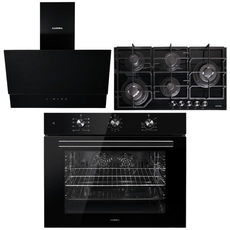Luxell Built-In Kitchen Appliances Luxell Hex 90cm Black Glass 3-Piece Built-In Kitchen Set with 5-Burner Wok Hob, 650m³/h Hood & 105L Double-Fan Oven - LXSET-HX90-90M
