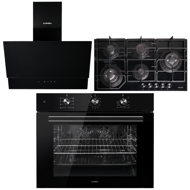 Luxell Built-In Kitchen Appliances Luxell Hex 90cm Black Glass 3-Piece Built-In Kitchen Set with 5-Burner Wok Hob, 650m³/h Hood & 105L Double-Fan Oven - LXSET-HX90-90M