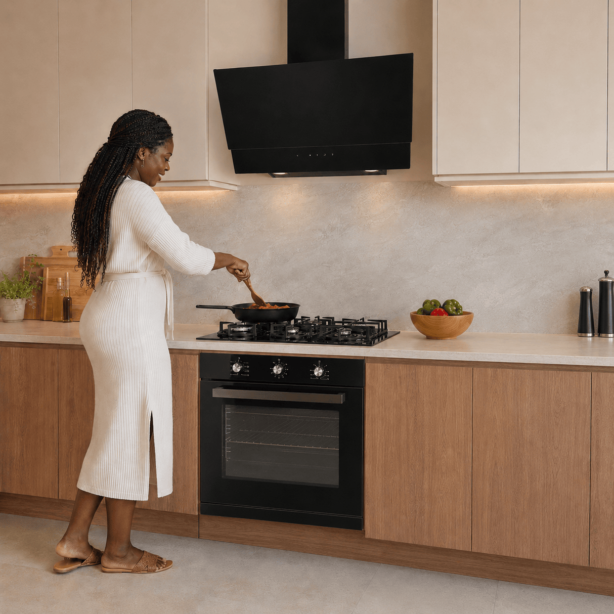 Luxell Built-In Kitchen Appliances Luxell Hex 90cm Black Glass 3-Piece Built-In Kitchen Set with 5-Burner Wok Hob, 650m³/h Hood & 105L Double-Fan Oven - LXSET-HX90-90M