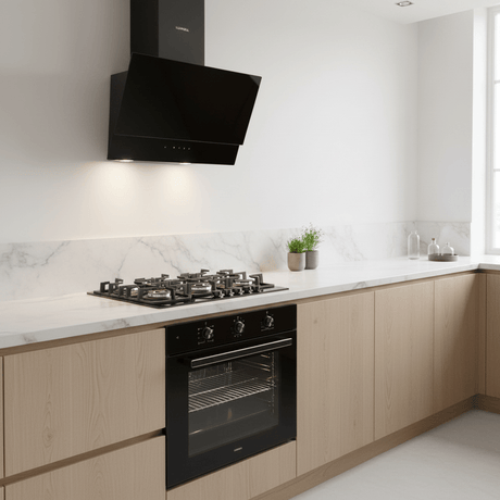 Luxell Built-In Kitchen Appliances Luxell Hex 90cm Black Glass 3-Piece Built-In Kitchen Set with 5-Burner Wok Hob, 650m³/h Hood & 105L Double-Fan Oven - LXSET-HX90-90M
