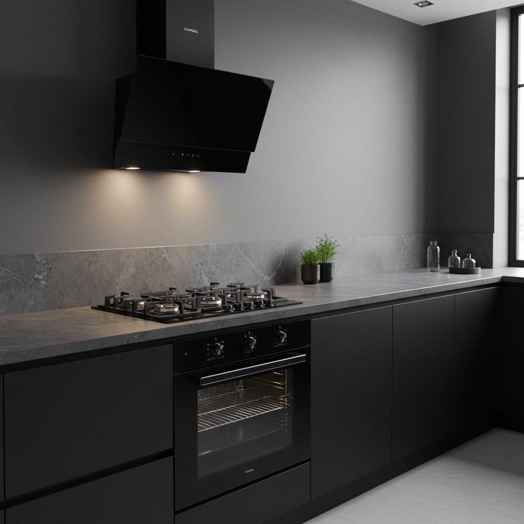 Luxell Built-In Kitchen Appliances Luxell Hex 90cm Black Glass 3-Piece Built-In Kitchen Set with 5-Burner Wok Hob, 650m³/h Hood & 105L Double-Fan Oven - LXSET-HX90-90M