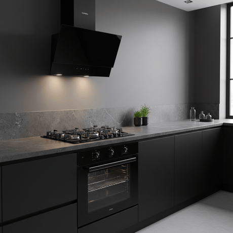 Luxell Built-In Kitchen Appliances Luxell Hex 90cm Black Glass 3-Piece Built-In Kitchen Set with 5-Burner Wok Hob, 650m³/h Hood & 105L Double-Fan Oven - LXSET-HX90-90M