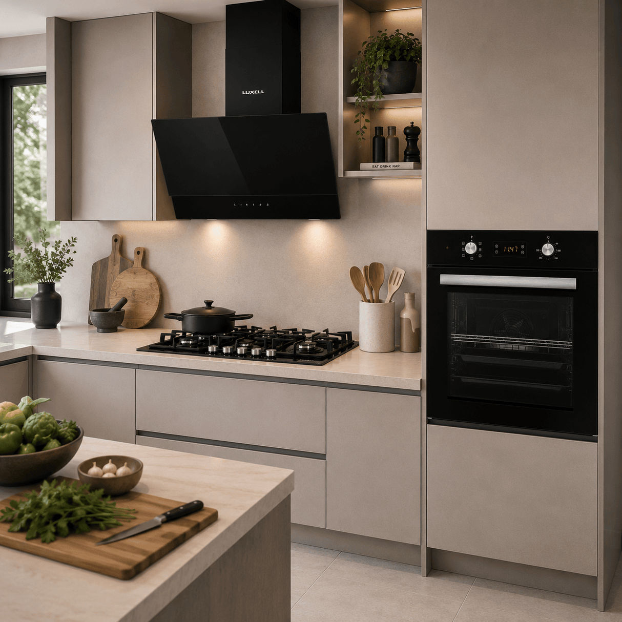 Luxell Built-In Kitchen Appliances Luxell Hex 90cm Black Glass 3-Piece Built-In Kitchen Set with 5-Burner Wok Hob, 650m³/h Hood & 57L Digital Oven - LXSET-HX90-60D